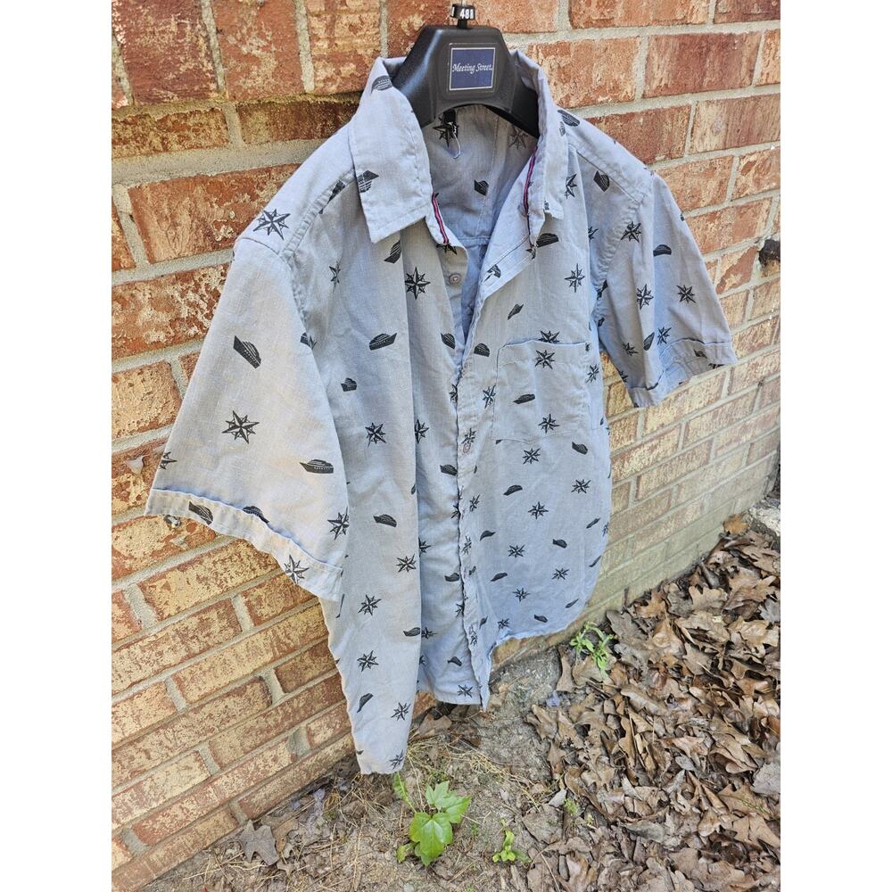 Toku Mens Button Up Shirt Large Short Sleeve Nautical Sailboat Compass Print
